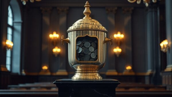 Urne de vote en laiton sur un piédestal en marbre dans un hall sénatorial avec pièces