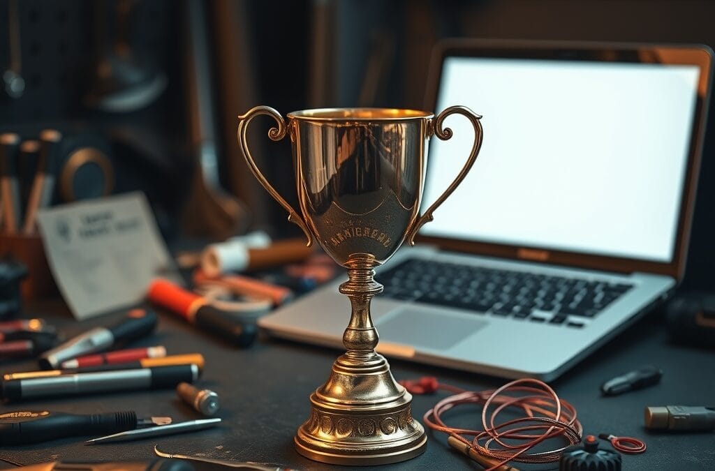 Coupe trophée en laiton sur établi avec outils éparpillés et ordinateur portable