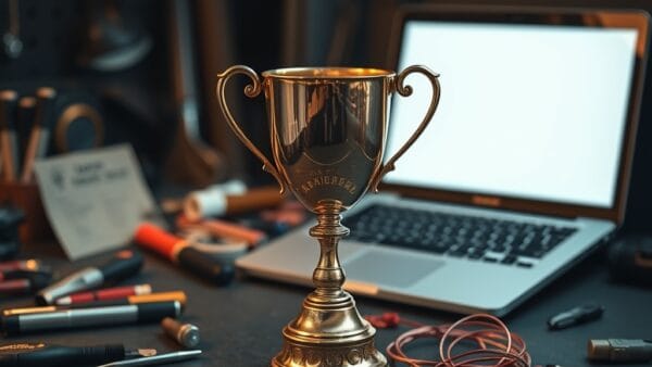 Coupe trophée en laiton sur établi avec outils éparpillés et ordinateur portable