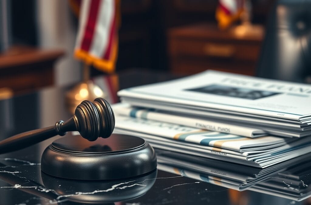 Marteau de juge en laiton a cote de prospectus de fonds sur bureau en marbre