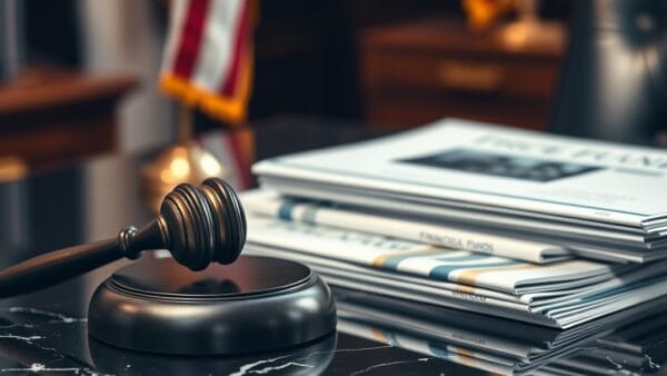 Marteau de juge en laiton a cote de prospectus de fonds sur bureau en marbre