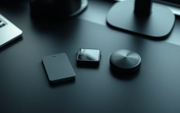 Trois dispositifs de sécurité crypto disposés en triangle sur un bureau mat