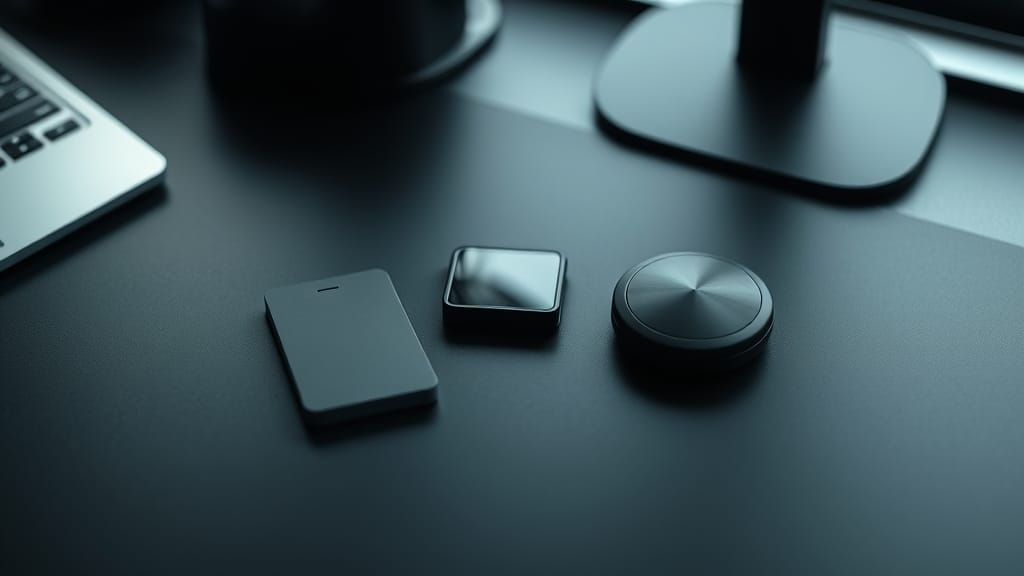 Trois dispositifs de sécurité crypto disposés en triangle sur un bureau mat