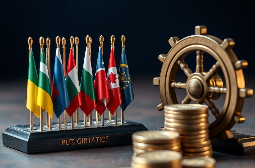 Drapeaux nationaux miniatures avec pieces fraichement frappees et presse en laiton