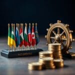 Drapeaux nationaux miniatures avec pieces fraichement frappees et presse en laiton