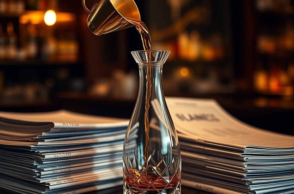 Entonnoir en laiton versant du liquide dore dans une carafe en cristal sur acajou