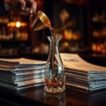 Entonnoir en laiton versant du liquide dore dans une carafe en cristal sur acajou