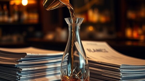 Entonnoir en laiton versant du liquide dore dans une carafe en cristal sur acajou