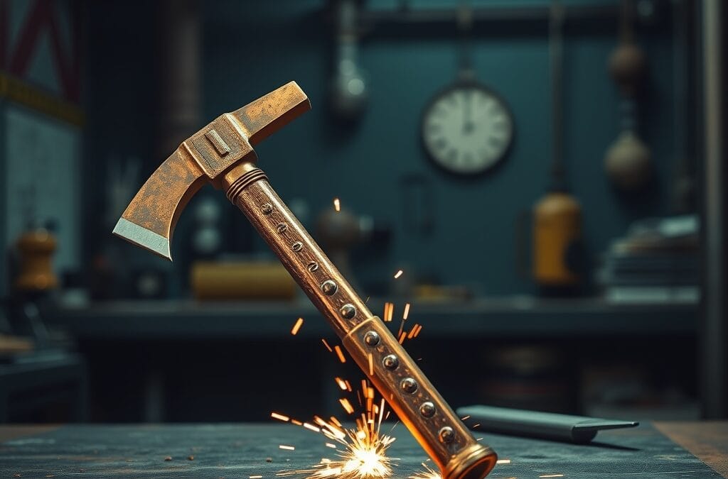 Pioche en laiton croisee avec une carte de circuit en cuivre avec etincelles