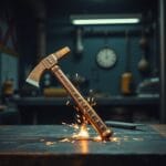 Pioche en laiton croisee avec une carte de circuit en cuivre avec etincelles