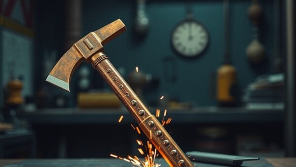 Pioche en laiton croisee avec une carte de circuit en cuivre avec etincelles