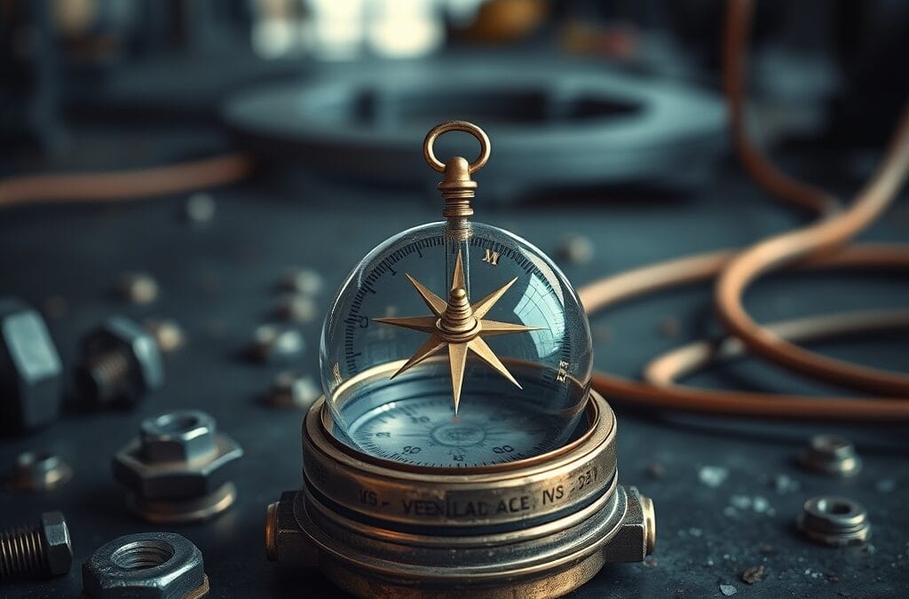 Aiguille de boussole en laiton oscillant entre deux directions sur surface industrielle