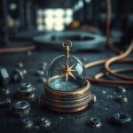 Aiguille de boussole en laiton oscillant entre deux directions sur surface industrielle