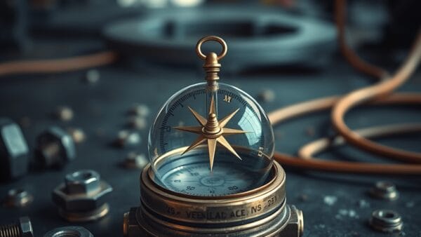 Aiguille de boussole en laiton oscillant entre deux directions sur surface industrielle