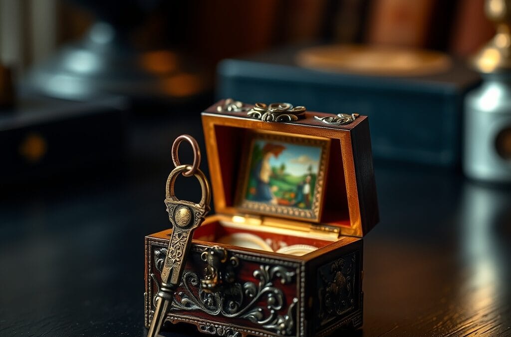 Clé en laiton ouvrant un petit coffret orné révélant une miniature colorée