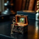 Clé en laiton ouvrant un petit coffret orné révélant une miniature colorée