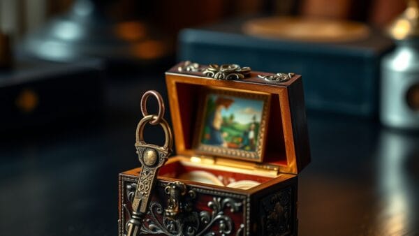 Clé en laiton ouvrant un petit coffret orné révélant une miniature colorée