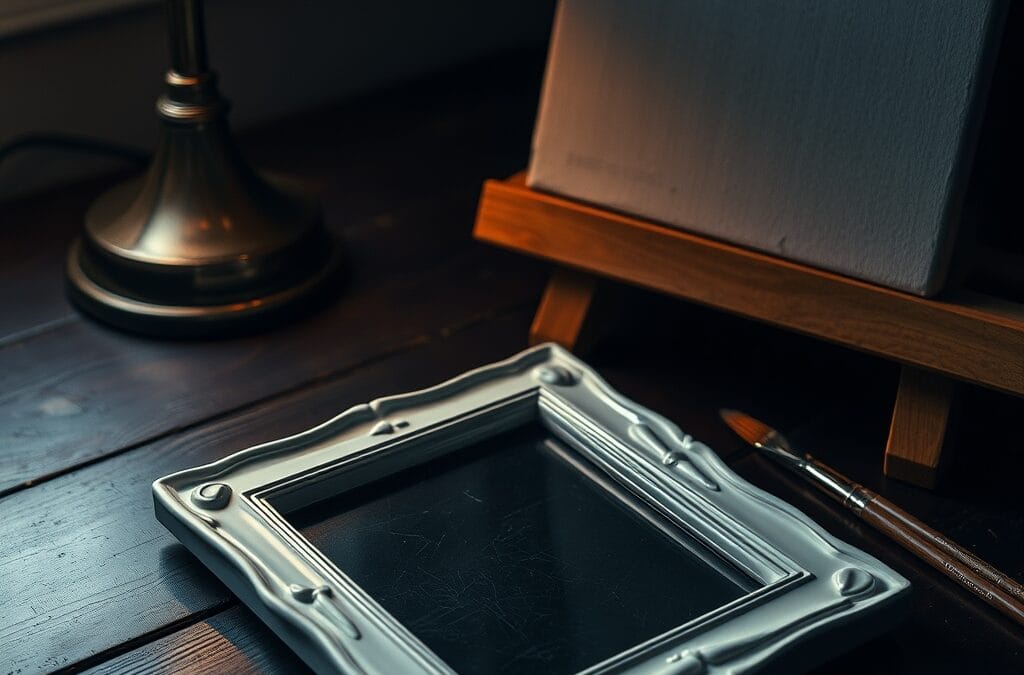 Cadre en porcelaine fissure a cote d une toile vierge et de pinceaux sur bois sombre