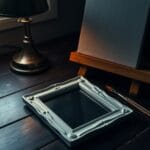 Cadre en porcelaine fissure a cote d une toile vierge et de pinceaux sur bois sombre