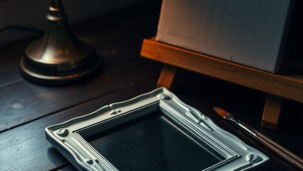 Cadre en porcelaine fissure a cote d une toile vierge et de pinceaux sur bois sombre