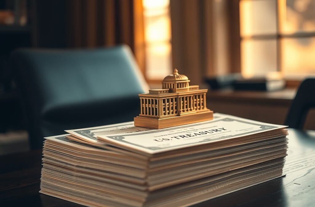 Certificats de bons du Tresor empiles avec presse-papier en laiton sur bureau en chene