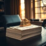 Certificats de bons du Tresor empiles avec presse-papier en laiton sur bureau en chene