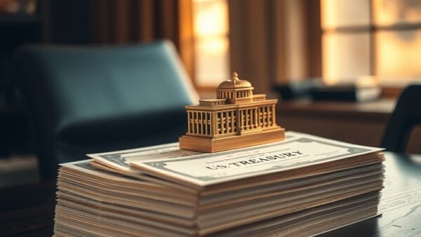 Certificats de bons du Tresor empiles avec presse-papier en laiton sur bureau en chene