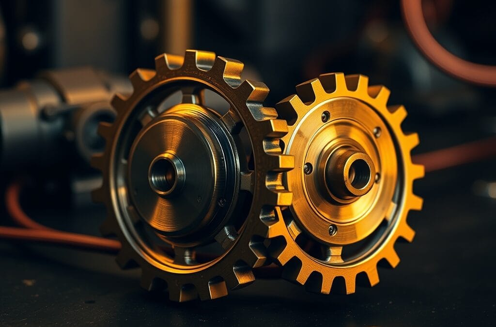 Deux engrenages en laiton de tailles differentes s emboitant sur surface industrielle
