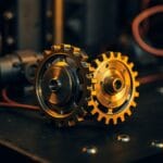 Deux engrenages en laiton de tailles differentes s emboitant sur surface industrielle