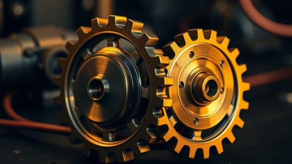 Deux engrenages en laiton de tailles differentes s emboitant sur surface industrielle