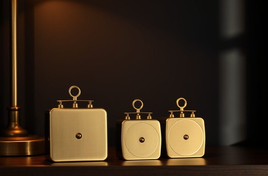 Trois poids anciens en laiton alignés sur une étagère en bois sombre sous lampe chaude