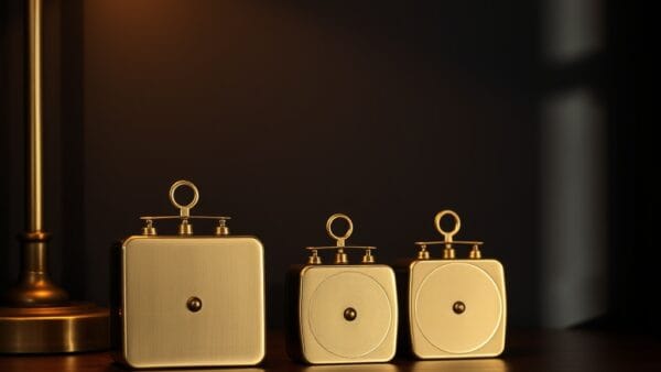 Trois poids anciens en laiton alignés sur une étagère en bois sombre sous lampe chaude