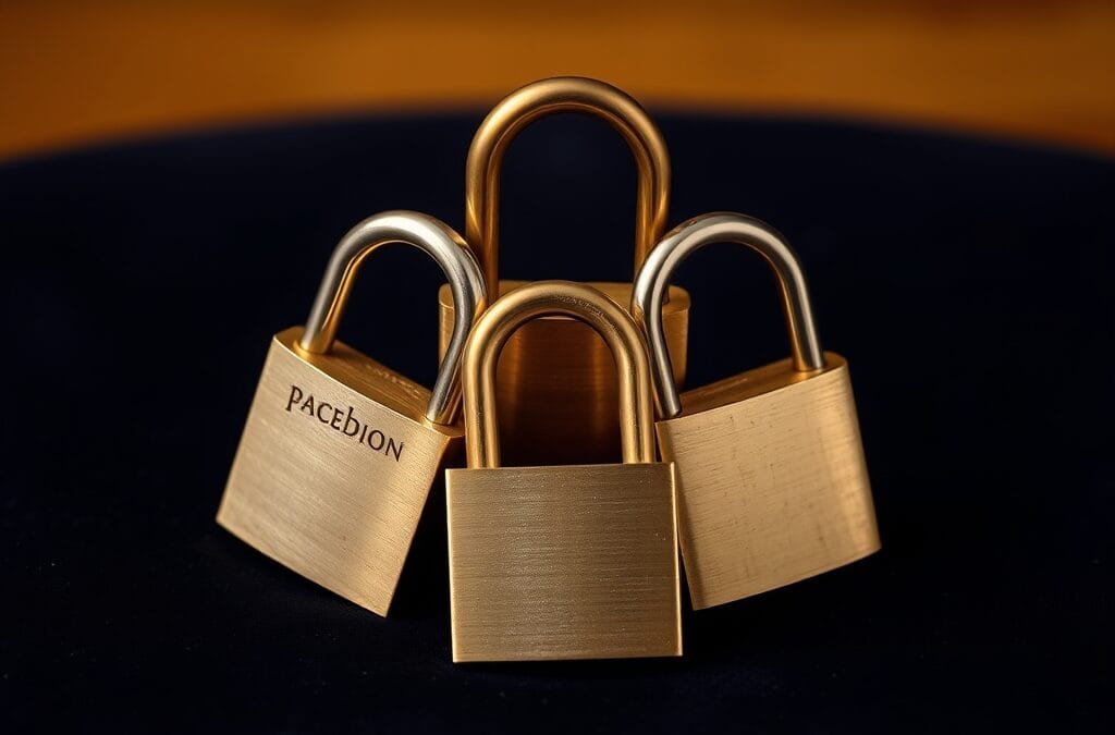 Trois cadenas en laiton de differentes formes imbriques en triangle sur velours sombre