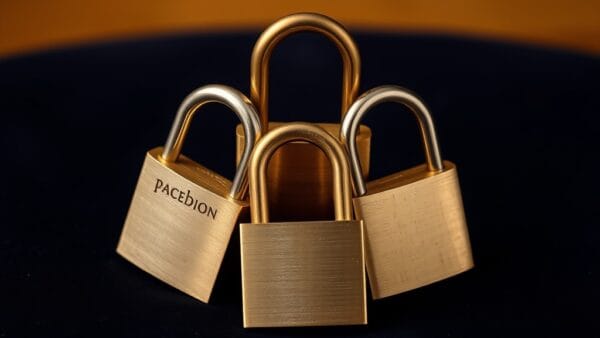 Trois cadenas en laiton de differentes formes imbriques en triangle sur velours sombre