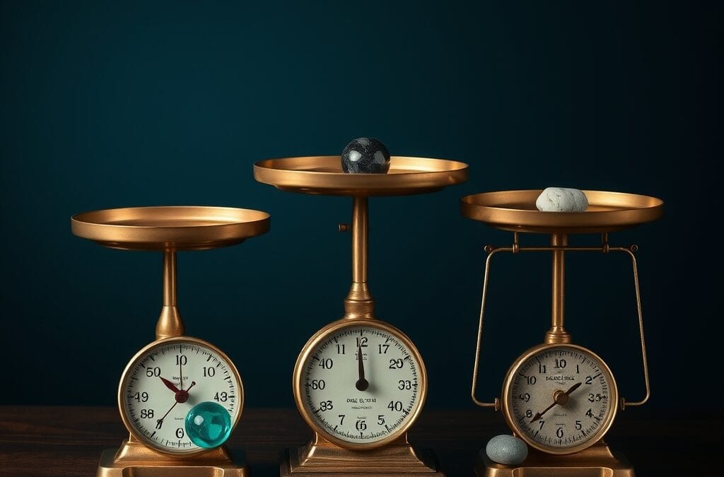 Trois balances en laiton vintage côte à côte sur une table en noyer sombre