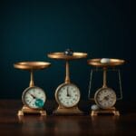 Trois balances en laiton vintage côte à côte sur une table en noyer sombre