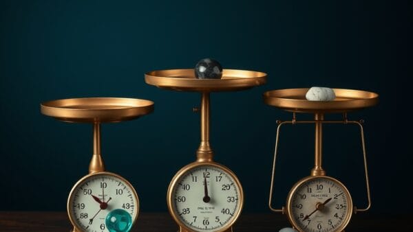 Trois balances en laiton vintage côte à côte sur une table en noyer sombre