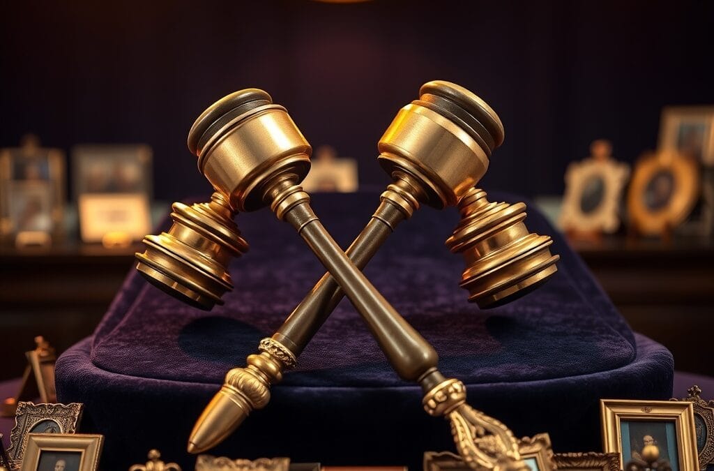 Deux marteaux de vente aux enchères en laiton croisés sur un podium en velours sombre