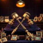 Deux marteaux de vente aux enchères en laiton croisés sur un podium en velours sombre