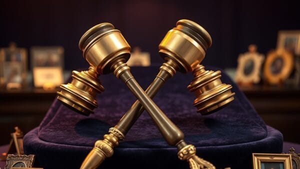 Deux marteaux de vente aux enchères en laiton croisés sur un podium en velours sombre