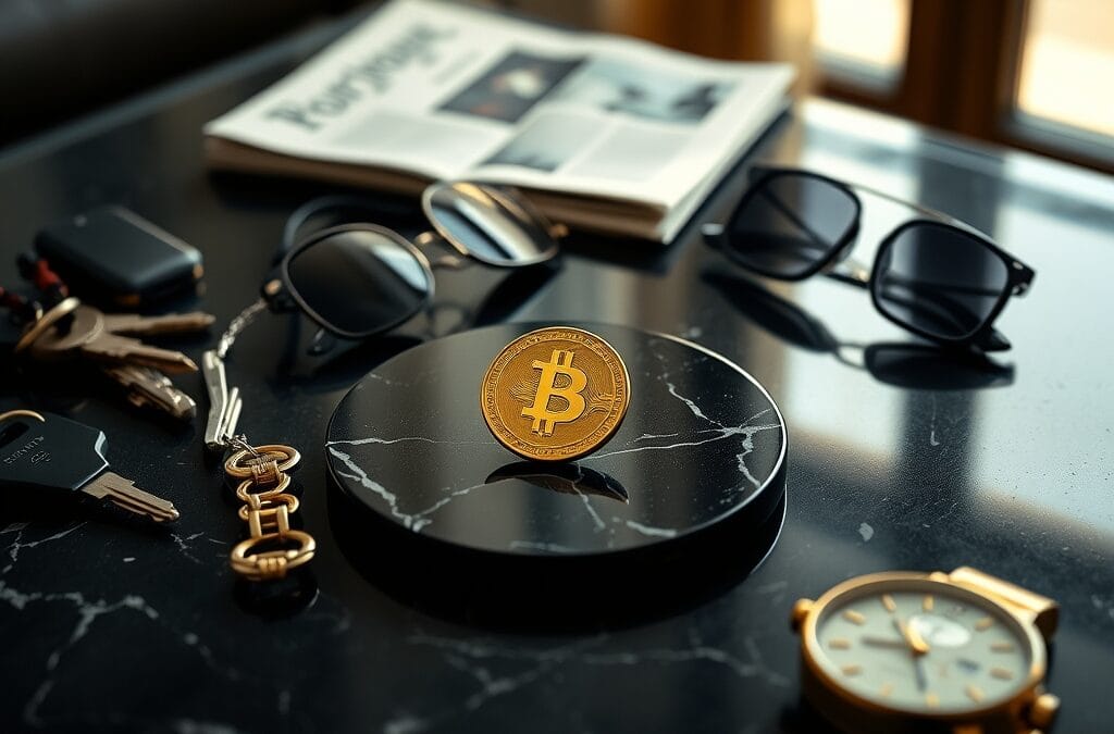 Piece doree au centre d une table basse avec objets du quotidien et montre en laiton