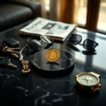 Piece doree au centre d une table basse avec objets du quotidien et montre en laiton