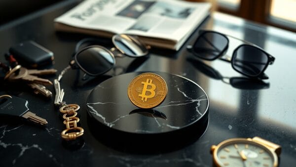 Piece doree au centre d une table basse avec objets du quotidien et montre en laiton