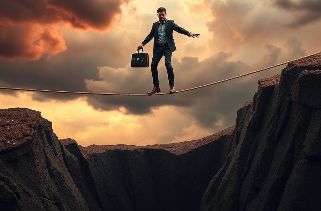 Illustration dramatique du risque financier avec équilibriste précaire au-dessus d'un gouffre