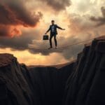 Illustration dramatique du risque financier avec équilibriste précaire au-dessus d'un gouffre