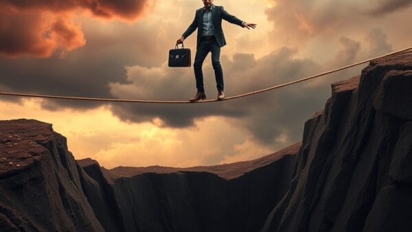 Illustration dramatique du risque financier avec équilibriste précaire au-dessus d'un gouffre