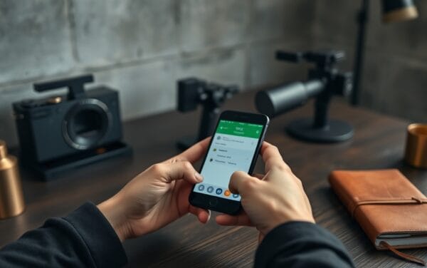 Mains d'un créateur de contenu tenant un smartphone sur un bureau en bois, équipement de montage flou en arrière-plan.