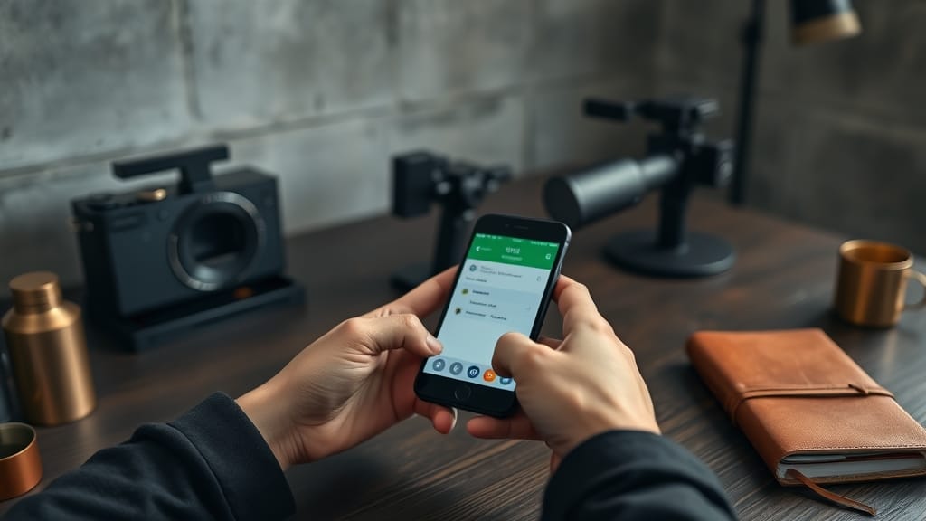 Mains d'un créateur de contenu tenant un smartphone sur un bureau en bois, équipement de montage flou en arrière-plan.