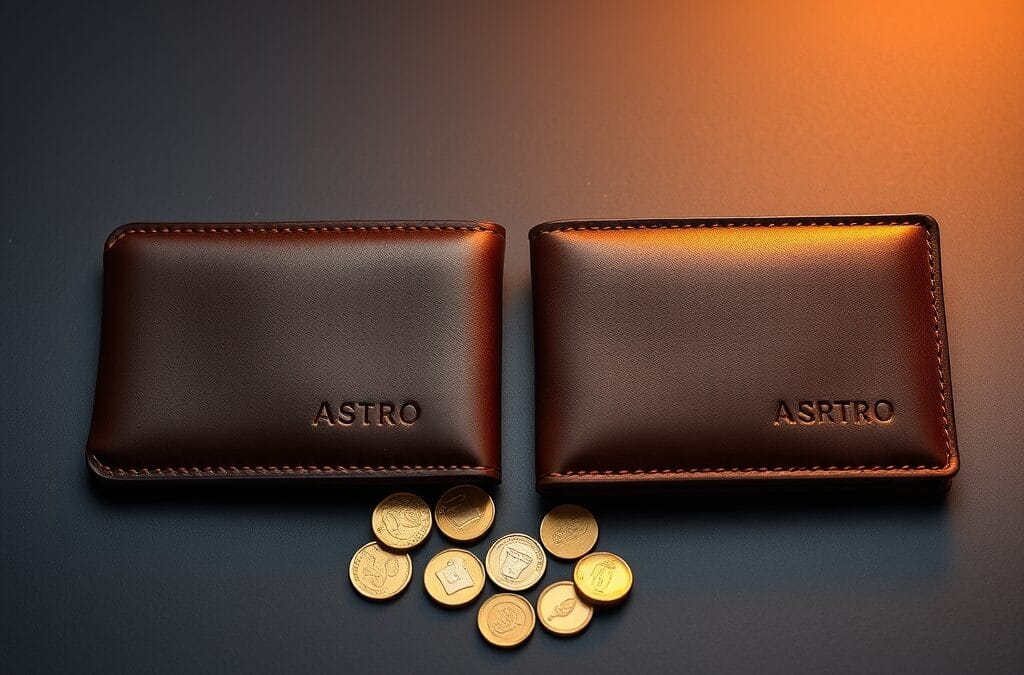 Deux portefeuilles en cuir vintage de chaque cote d une surface en ardoise avec pieces