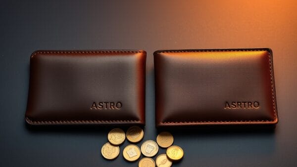 Deux portefeuilles en cuir vintage de chaque cote d une surface en ardoise avec pieces